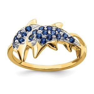 14k Yellow Gold Diamond & Sapphire September Birthstone Dolphins Ring, 7